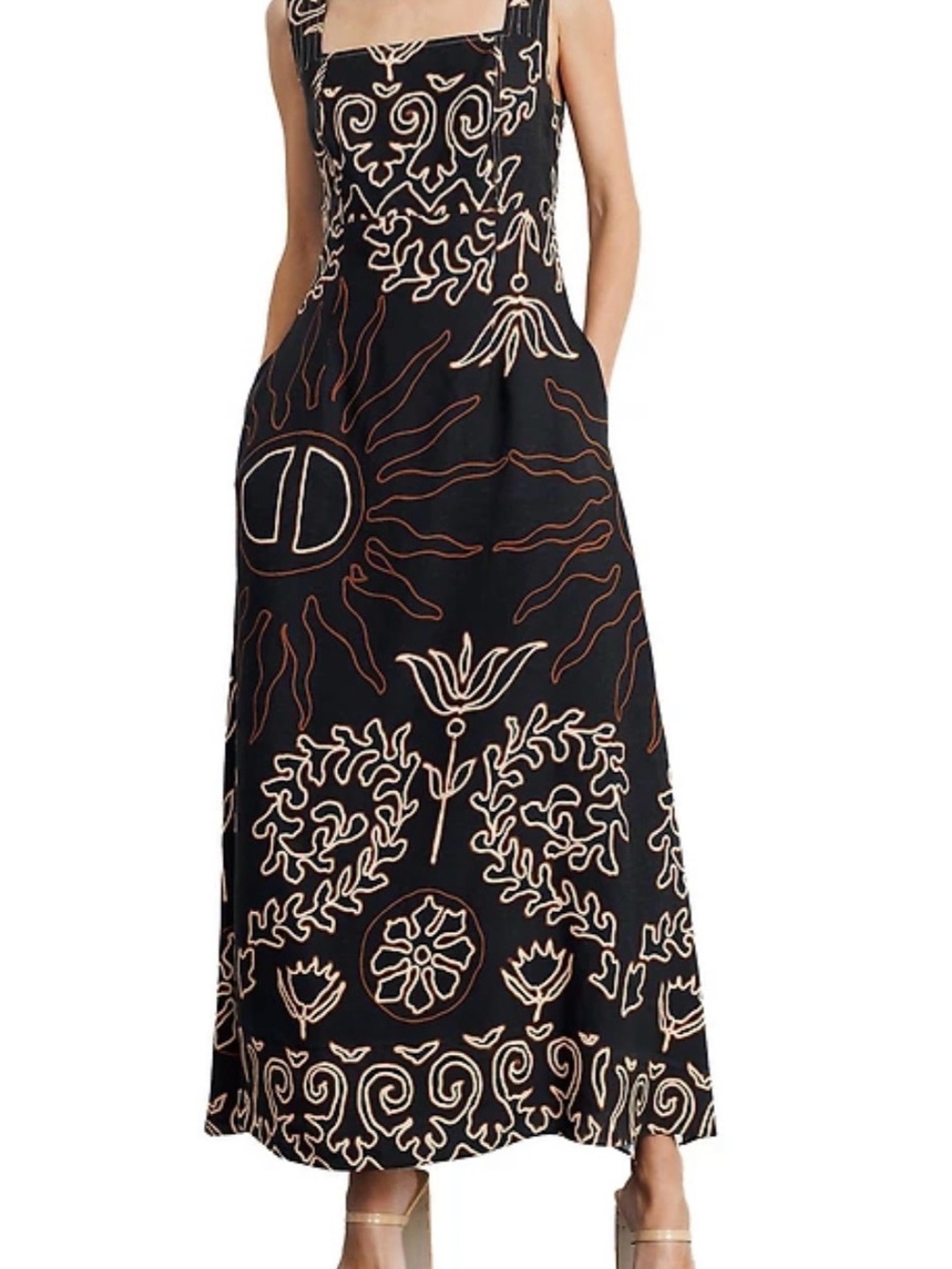 Black Midi Dress with Cream Embroidered Motifs